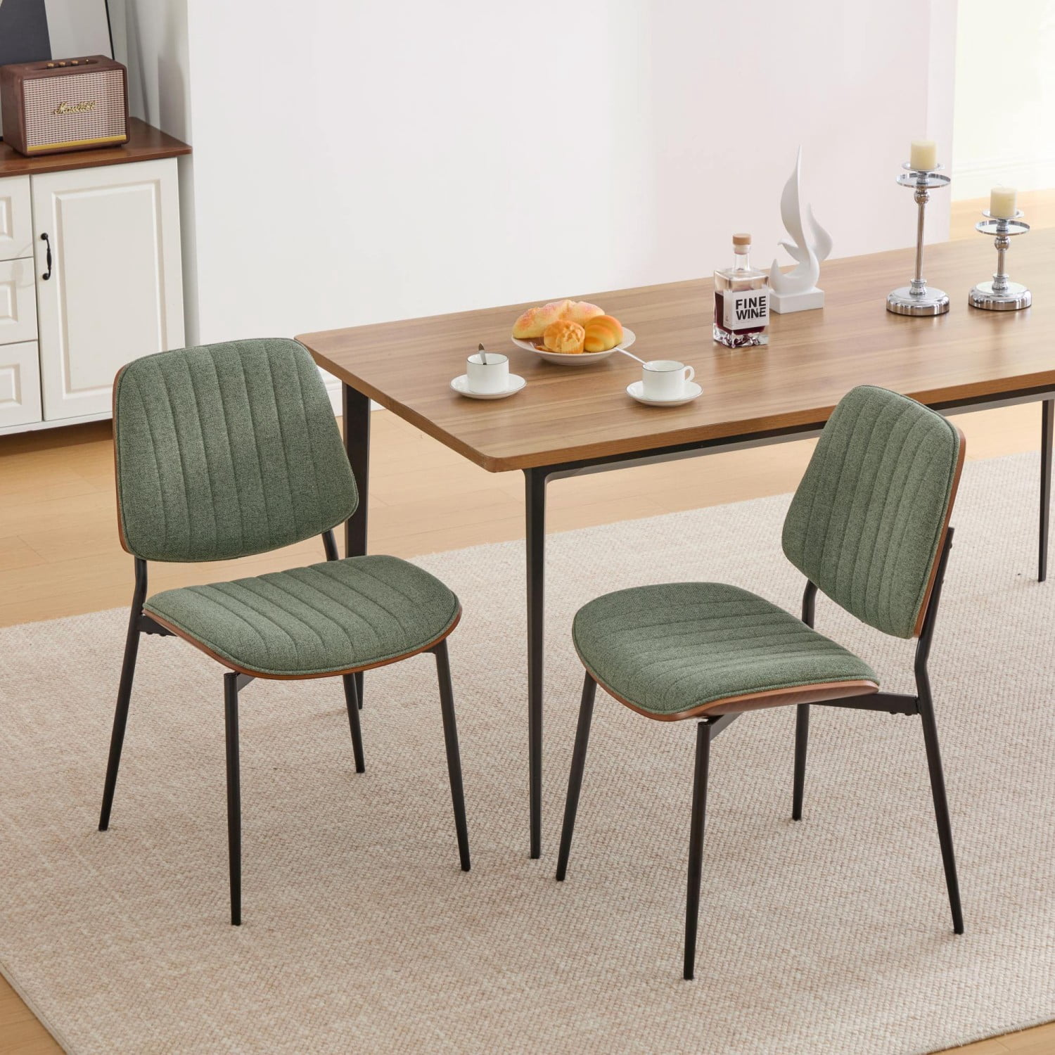 Dining Chairs Set of 2 Mid Century Modern Retro Faux Leather Chairs with Walnut Bentwood Back Upholstered Seat Metal Legs Adjustable Foot Pads Kitchen Dining Room Chairs, Olive Green