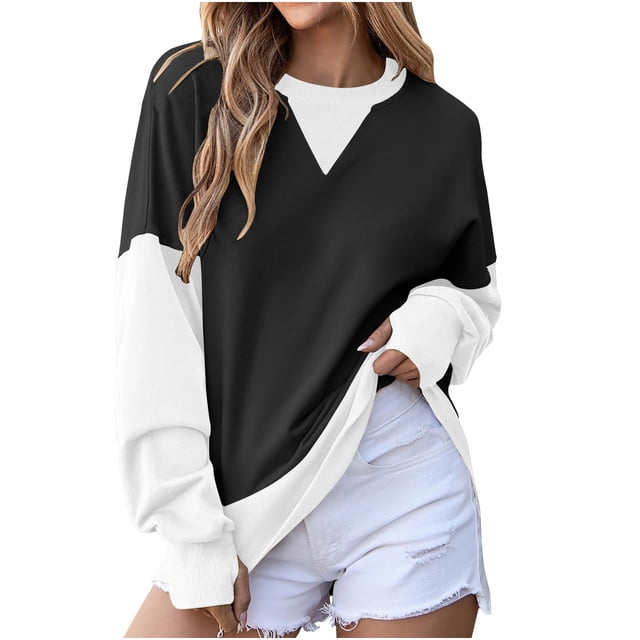 cfhntfmh Womens Sweatshirts Oversized Crewneck Color Block Patchwork Tops Long Sleeve Pullover Fall Fashion 2024