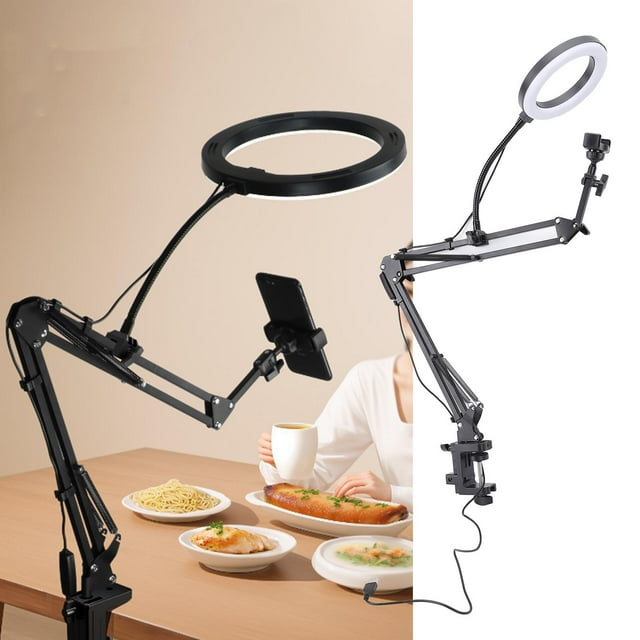 Overhead Phone Mount with Ring Light, LED Desk Ring Light with Clamp 3 Color Temperatures Portable Adjustable Angle for Beauty