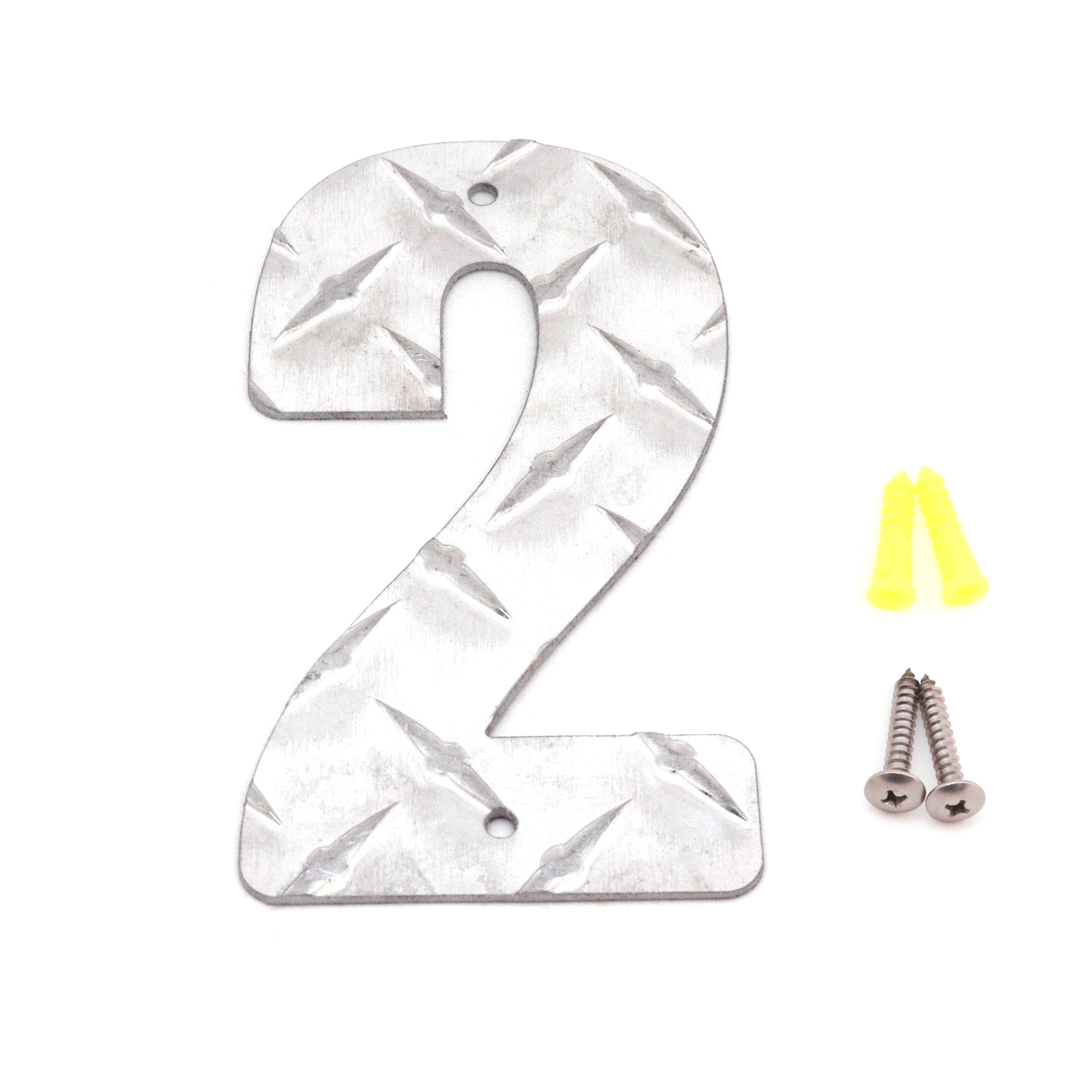 Deco Gables Designs House Hanging Metal Decor Address Number Two 2 Durable Polished Aluminum Diamond Tread for Indoor Outdoor Home Business Garage with Mounting Hardware 6 inches Tall Rust Resistant