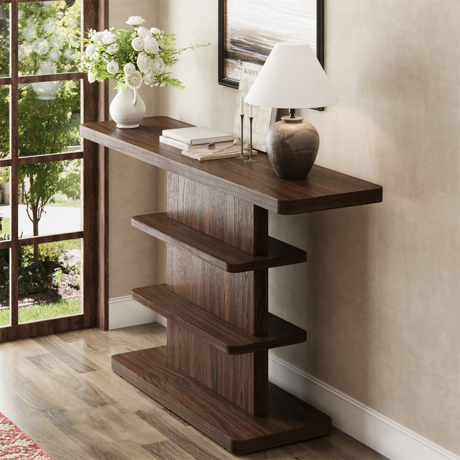 Hommoo 63" Vintage Narrow Console Table with 2-Tier Open Storage Shelves,Stylish Design High Weight Capacity, Suitable for Living Room,Hallway, Walnut