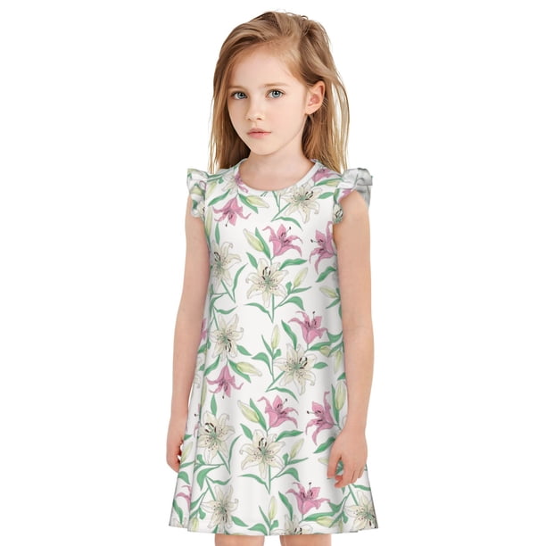 Fotbe Lilies Flowers Vestido de Dormir para Niñas de 3 a 10 Años, Mangas Cortas, Estilo Princesa, Pijama Camisón con Mangas Voladas-Medium
