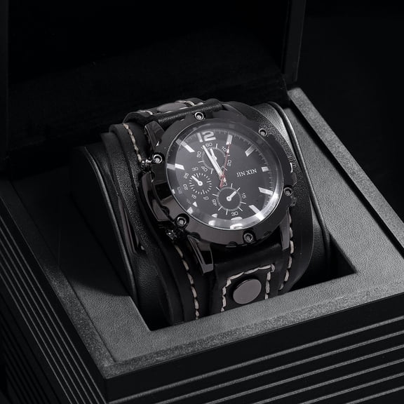 Reloj de Punk Vintage para hombre, brazaletes de reloj para hombre, correa ancha de cuero, banda de reloj cómoda para hombre, padre , NEGRO Yinane Reloj de pulsera