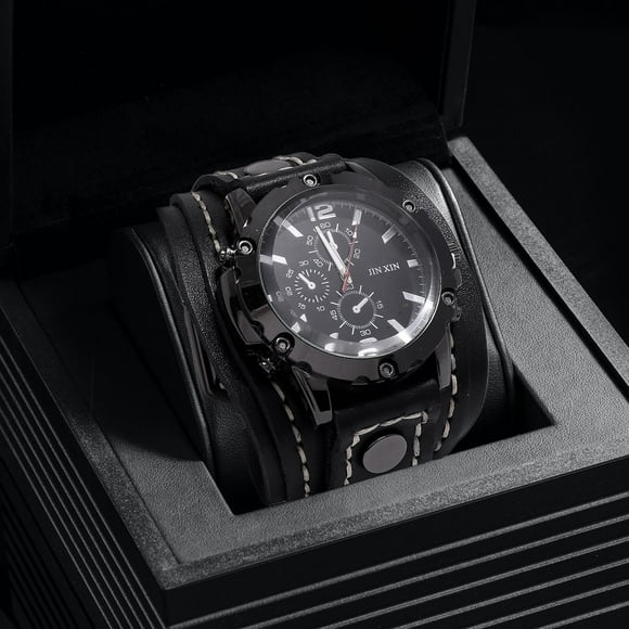 Reloj de Punk Vintage para hombre, brazaletes de reloj para hombre, correa ancha de cuero, banda de reloj cómoda para hombre, padre , NEGRO Yinane Reloj de pulsera