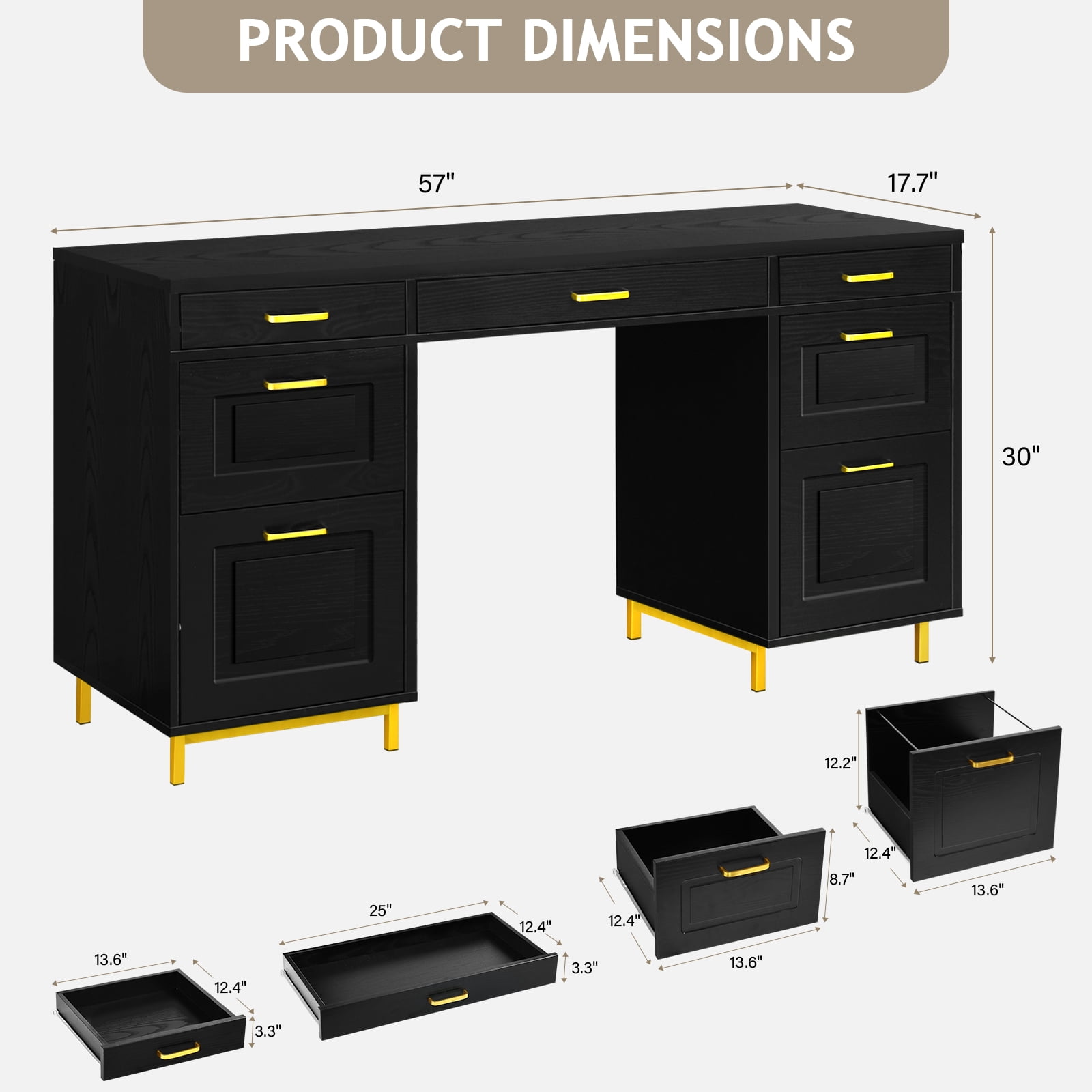 DreamCurship Computer Desk with Drawers, 57" Executive Desk with File Drawers, Home Office Desk with Storage, Black