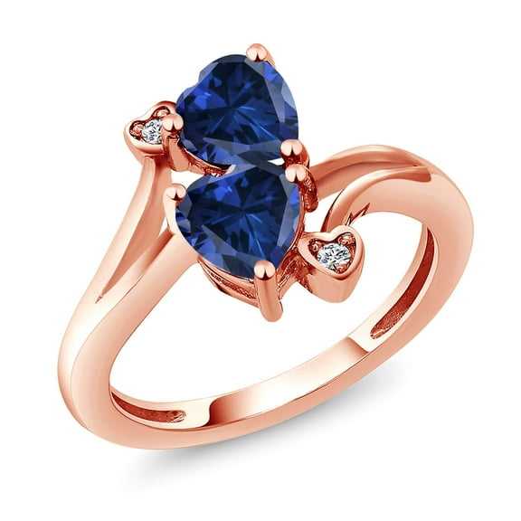 18K Rose Gold Plated Silver Blue Created Sapphire and White Lab Grown Diamond Ring for Women (1.63 Cttw, Heart Shape 6MM, Gemstone September Birthstone, Available in Size 5, 6, 7, 8, 9)