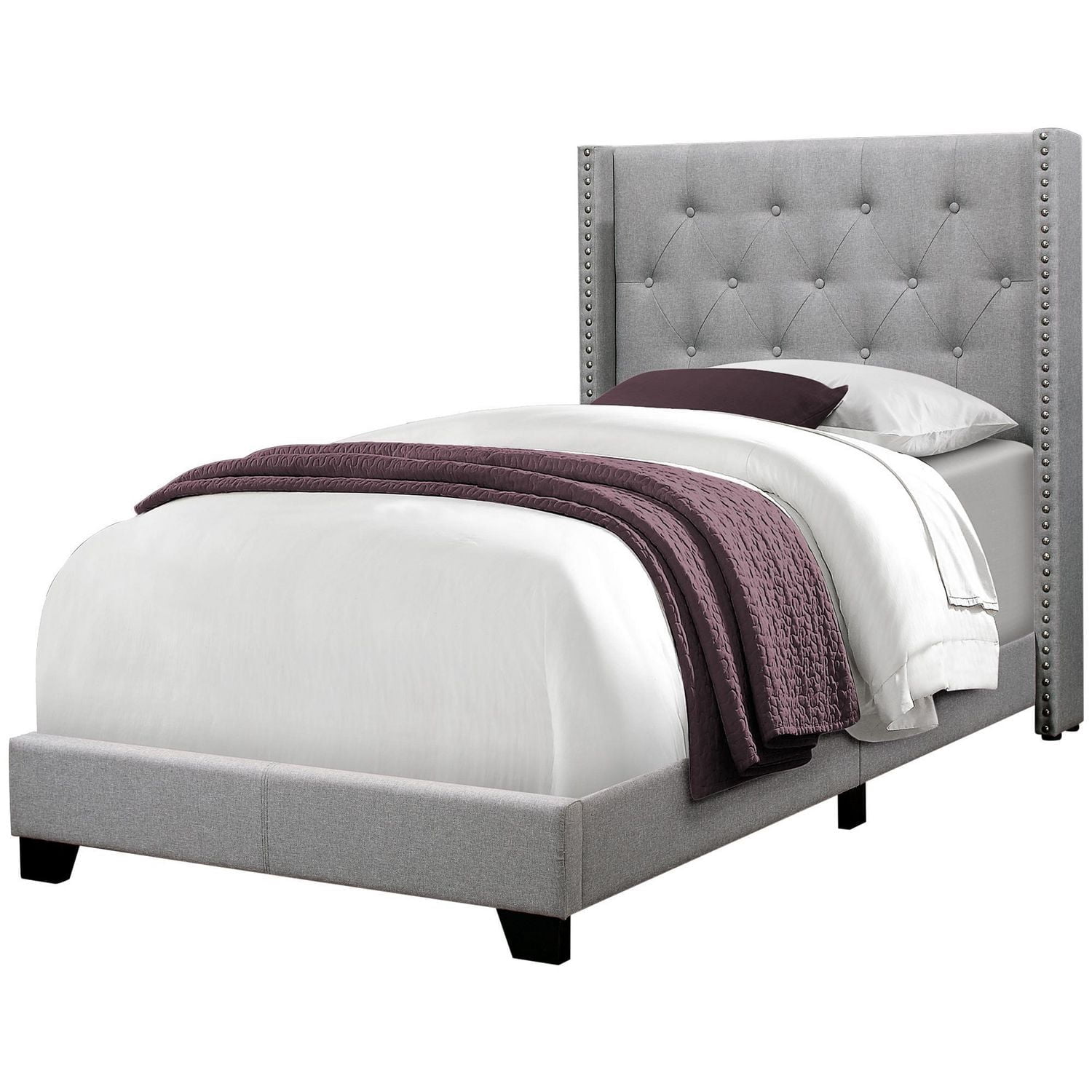 Monarch Specialties Bed, Twin Size, Platform, Teen, Frame, Upholstered, Velvet, Wood Legs, Grey, Transitional
