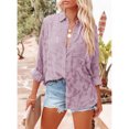 thumbnail image 2 of Blusa de oficina morada con botones de botonadura sencilla y cuello de encaje holgado, manga larga, 2 of 8