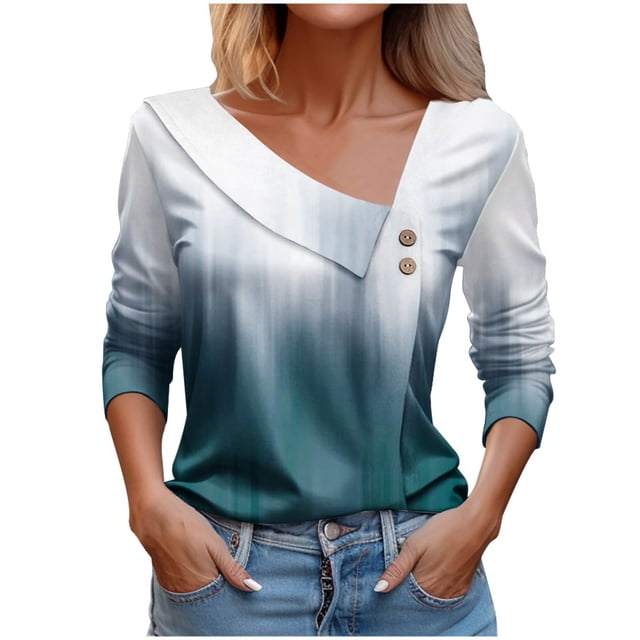 FAIWAD Long Sleeve V Neck Tops for Women Lapel Button Down Color Block Pullover Tunic Tops