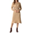 thumbnail image 2 of INSPIRE CHIC Women's Ribbed Knit Dress Crew Neck Pleated Lantern Sleeve Midi A-line Dresses L Khaki, 2 of 6