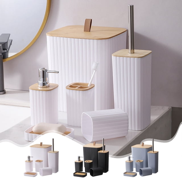 Set de accesorios de baño de 6 piezas | El juego de baño de plástico moderno incluye dispensador de jabón, soporte para cepillos de dientes, vaso, cubo de basura, cepillo de inodoro – blanco, gris