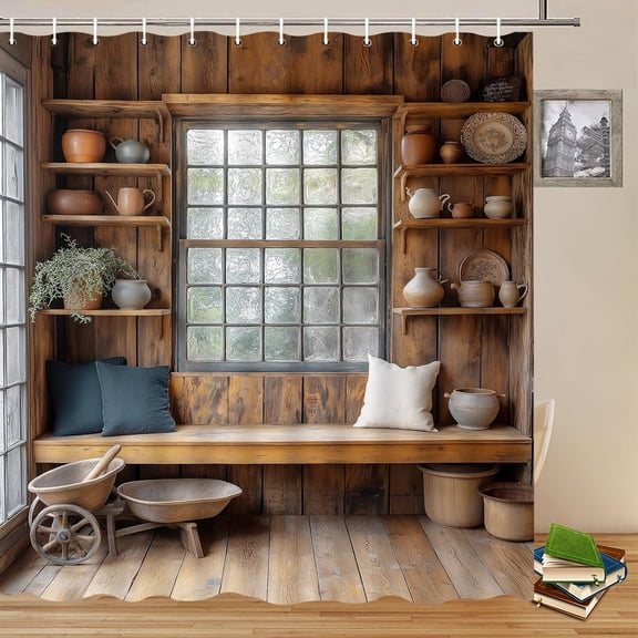 Rustic Farmhouse Shower Curtains Vintage Wooden House Windows Ceramic Ornament Country Theme Bathroom Polyester Fabric Decor Hanging Cloth Curtain Set with Hooks-60"W x 72"L (Pack of 1)
