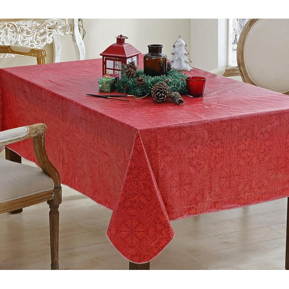 Newbridge Christmas Cozy Red Reindeer Damask 60 x 84 Inch Rectangle Vinyl Flannel Backed Tablecloth