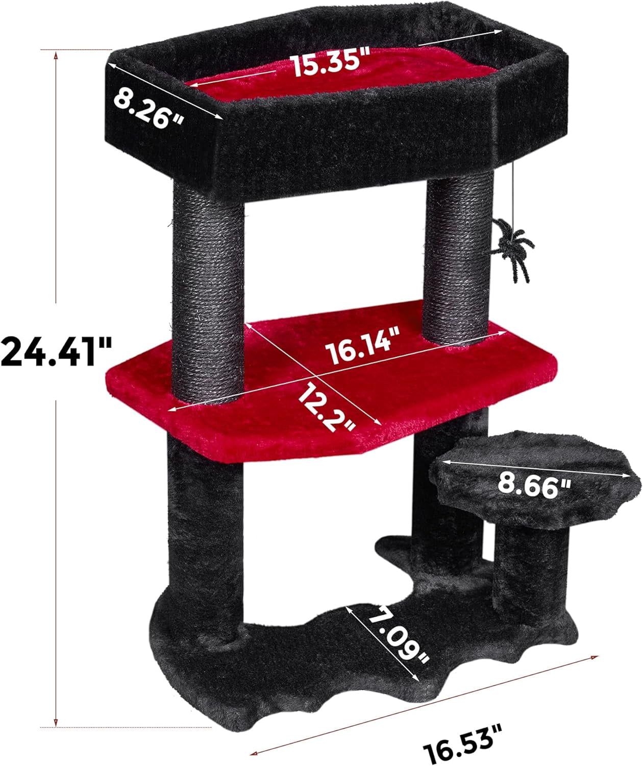 Gothic Cat Tree with Coffin Cat Bed Goth Cat Tower Coffin Cat Tree with Scratching Post, Spider Hanging Ball Halloween Black Red Pet Furniture MMJ94R