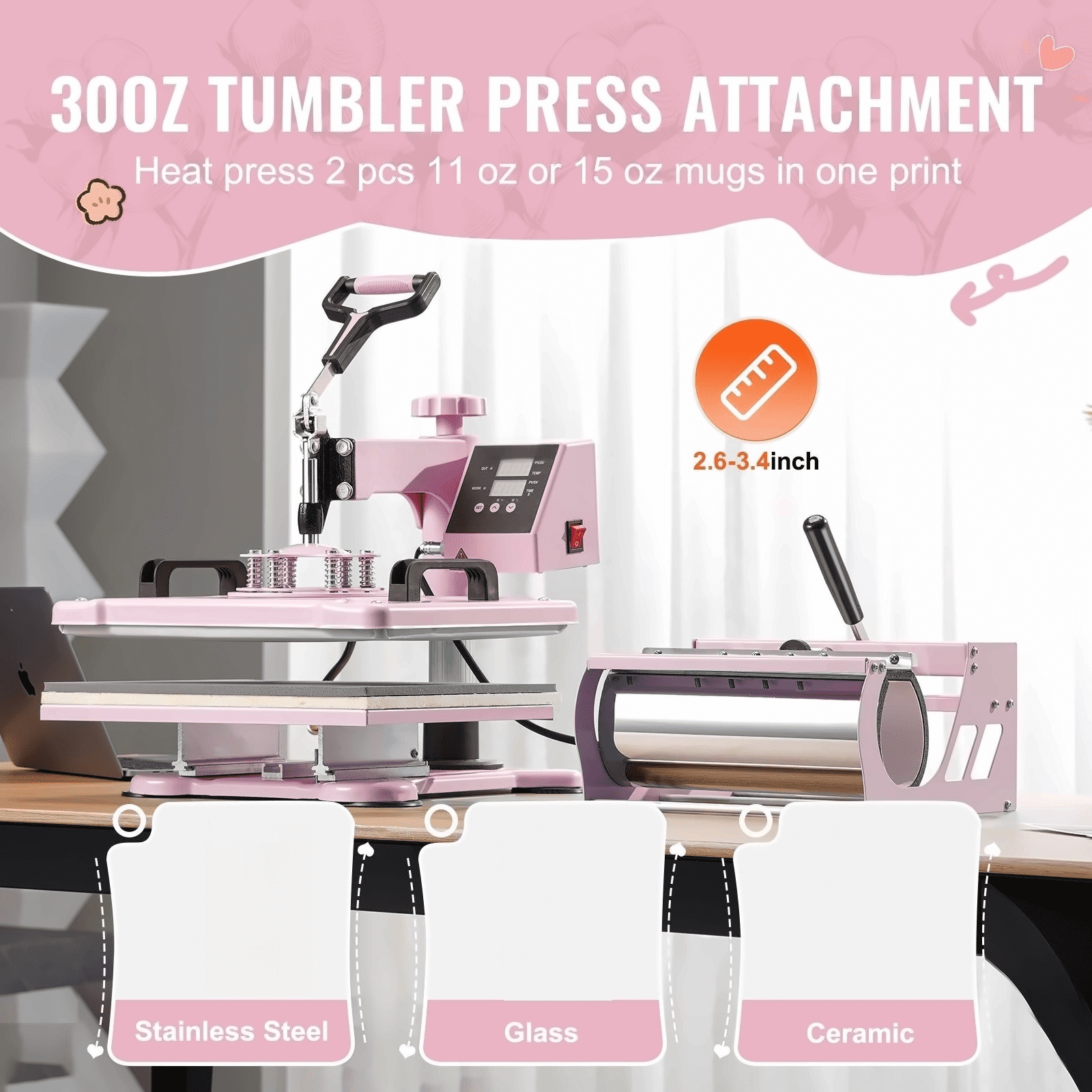 Heat Press Machine 12x15, 5 in 1 with 30oz Tumbler Press - T-Shirts, Mugs, Hats, Pink