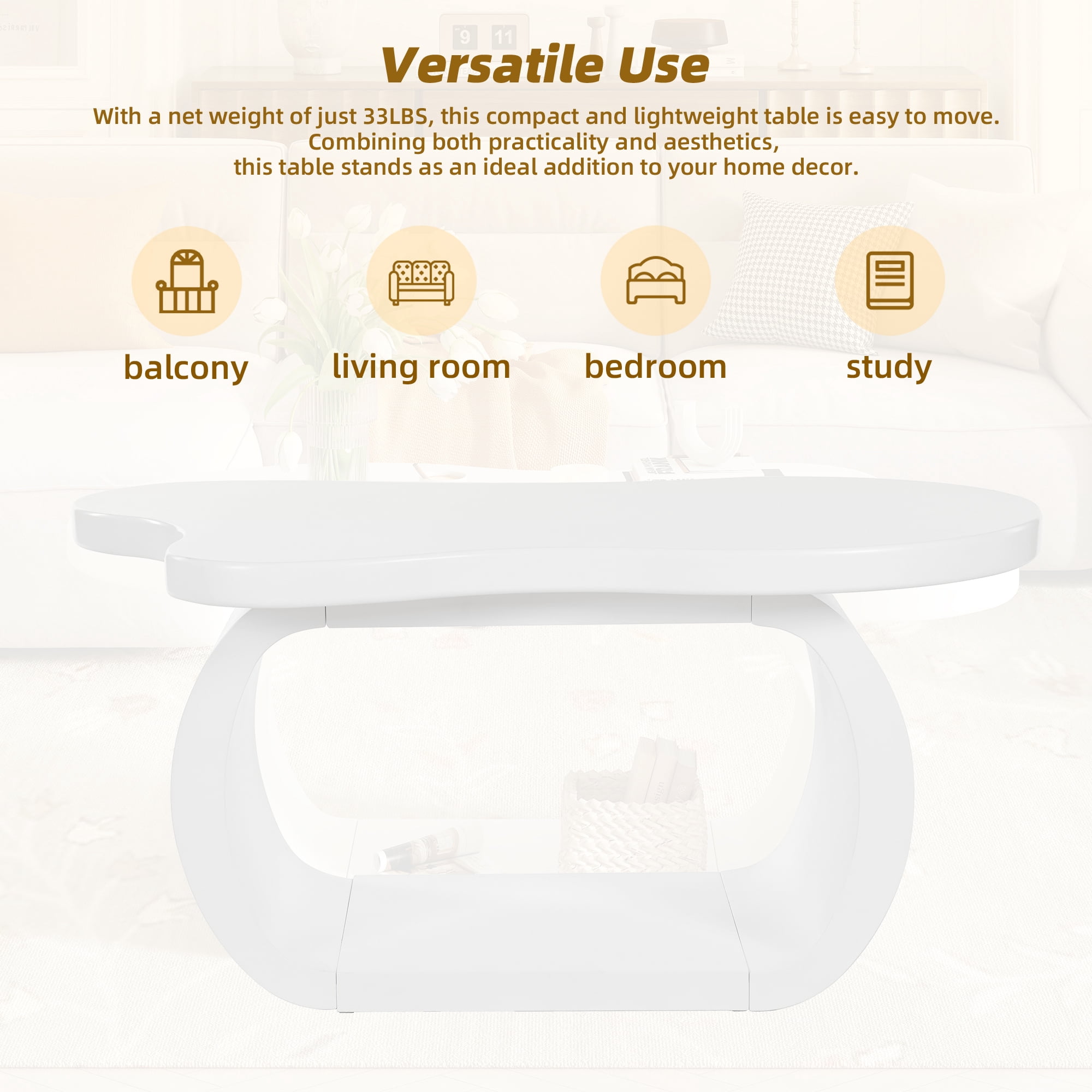 Euroco Charming Irregular-Shaped Coffee Table with Curved Legs, Cloud-Shaped Top, and Smooth MDF Surface – Compact & Easy Assembly for Living Room, Bedroom, or Balcony