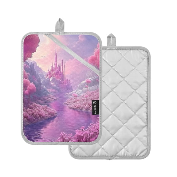 2 Pcs Pot Holders Sets Oven Mitts Square potholders Oven Hot Pads Heat Resistant for Kitchen Cooking Baking 7"x9.8" Pink Fantasy-style Landscape