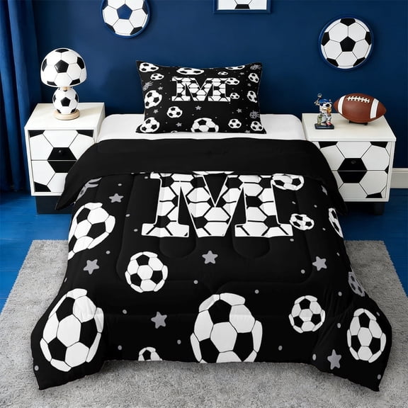 Erosebridal Kids Football Print Letter M Twin Comforter Sets,Soccer Ball Games Bedding Set For Ball Boys,Reversible Black 2 Pieces