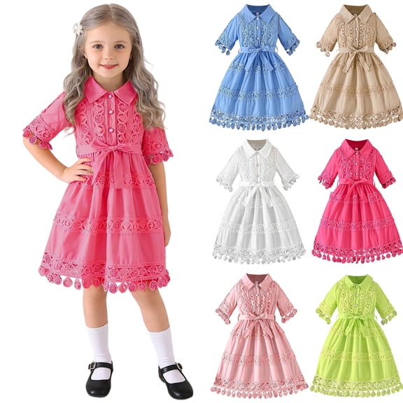 HAOTAGS Girl's Casual Dress,Lace Trim Short Sleeve Button-Down Collar Solid Color Dress for Girls Hot Pink 6 T
