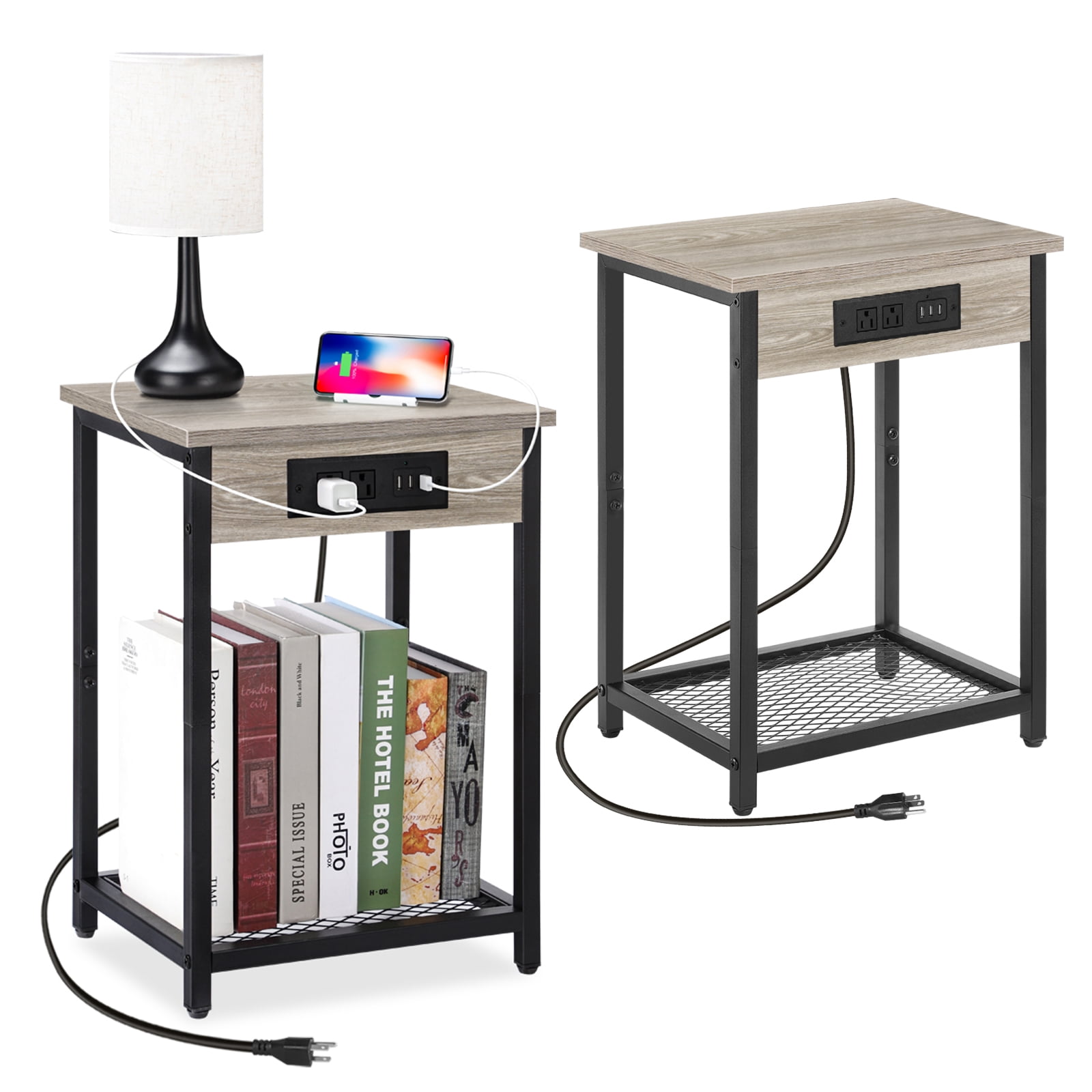 Oumilen Adult Nightstand End Table with Charging Station Gray, Set of 2