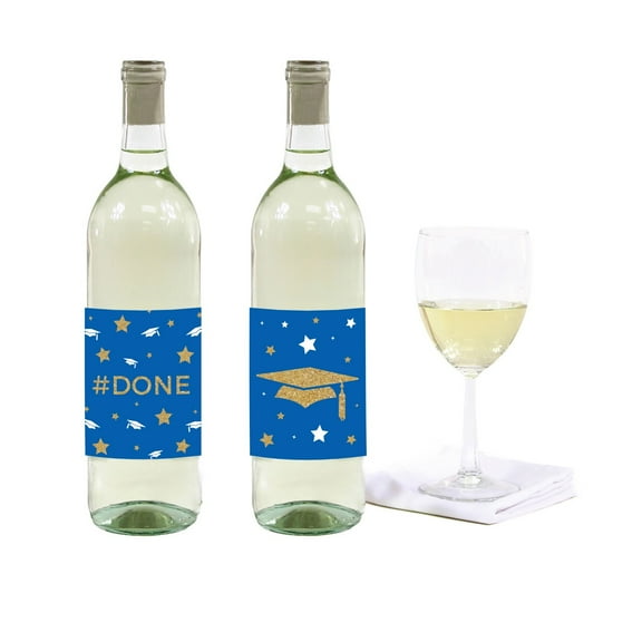 Royal Blue and Gold Glittering Graduation, Wine or Apple Cider Bottle Labels, 8-Pack
