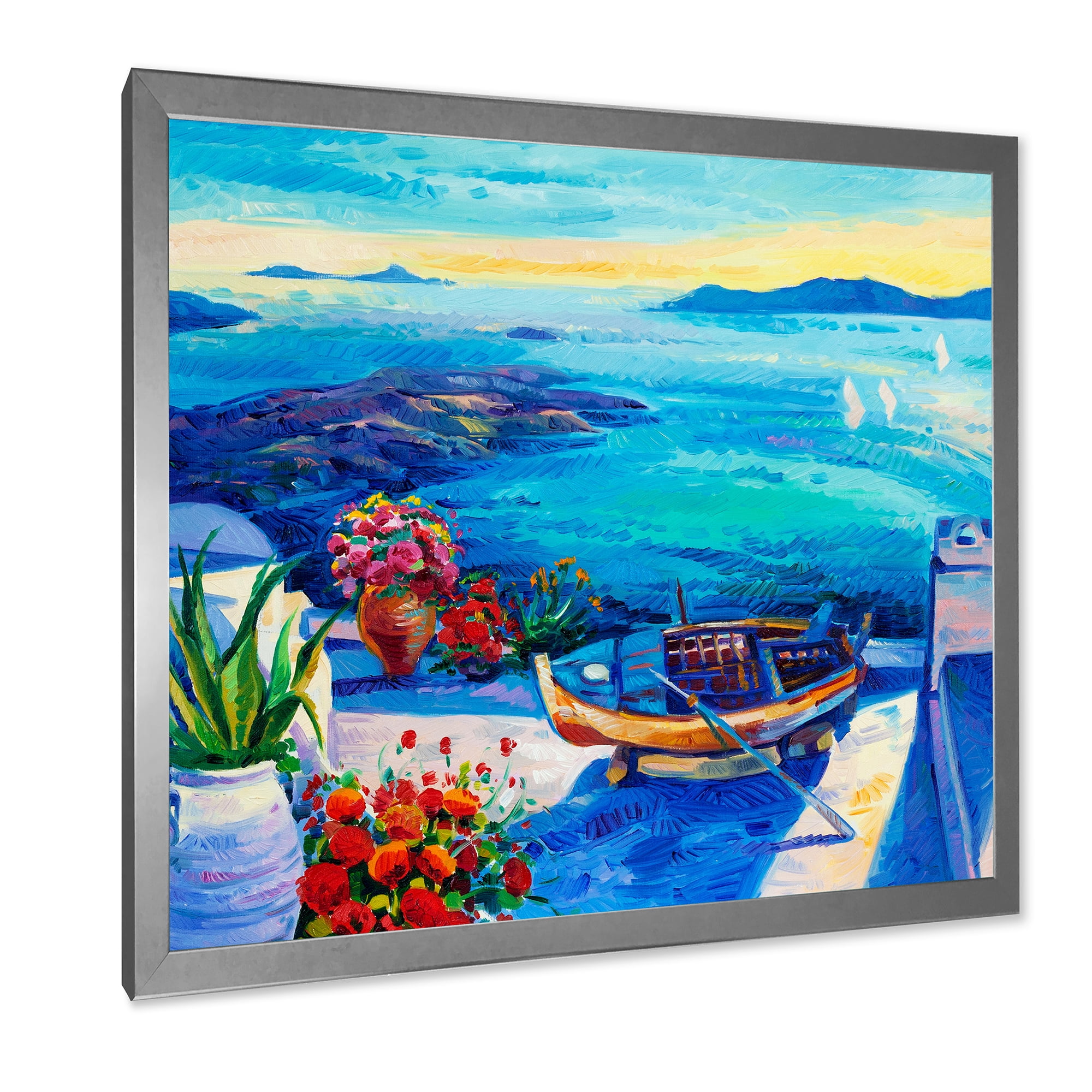 Designart 'Little Red Flowers With Sea View' Nautical & Coastal Framed Art Print