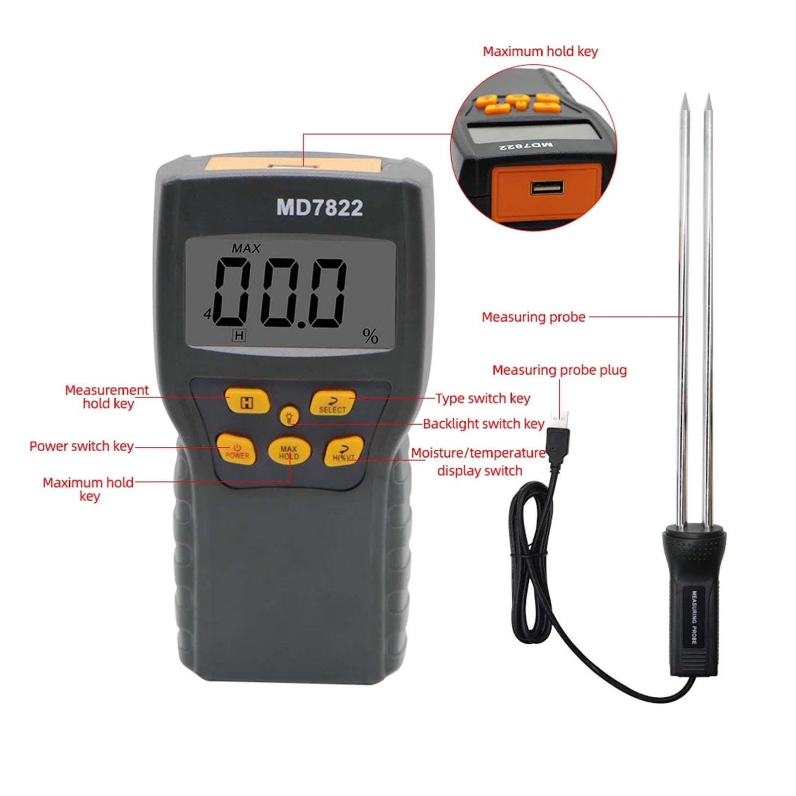 MD7822 Digital Grain Moisture Meter Highly Sensitive Probe Humidity Tester Usb Charging Hygrometer Temperature Detector Wheat Corn Rice