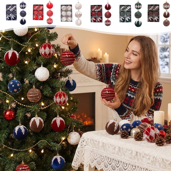 6Pcs Flocking Christmas Ball Ornaments Set Shatterproof Xmas Tree Decorations