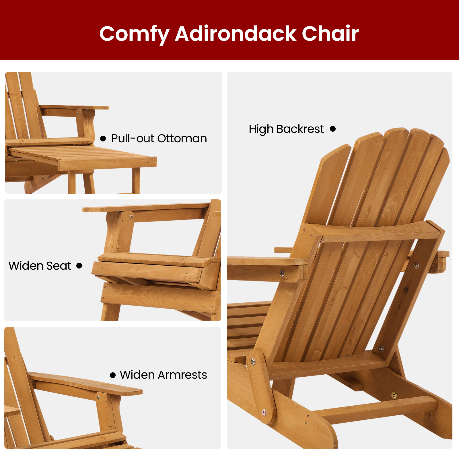 Easy4Home Larger Wooden Adirondack Chair Folding Patio Chair with Retractable Ottoman, Light Brown