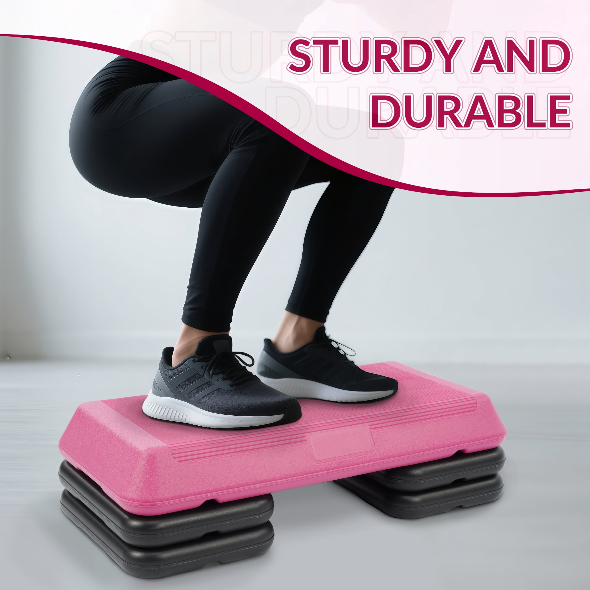 Signature Fitness Adjustable Aerobic Step Platform with 4 Risers, Non-Slip Stepper for Home Gym Workouts – 16", 28", 43", Pink/Blue/Gray