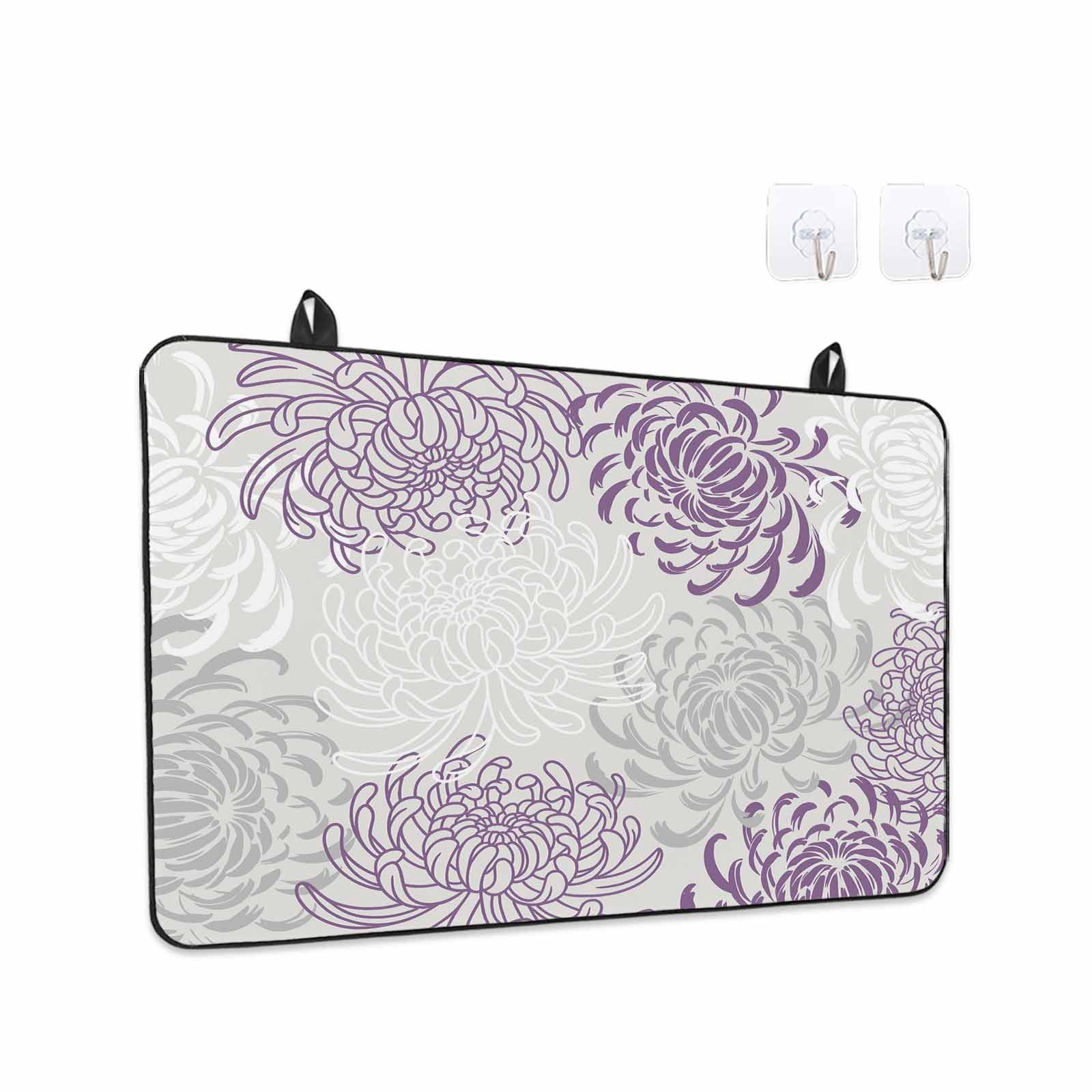 Purple White Stove Top Cover for Electric Stove, Heat-proof & Non Slip Glass Top Stove Cover Protector, Abstract Grey Chrysanthemum Flower Floral Kitchen Flat Cooktop Rubber Mat 28.5x20.5 Inches