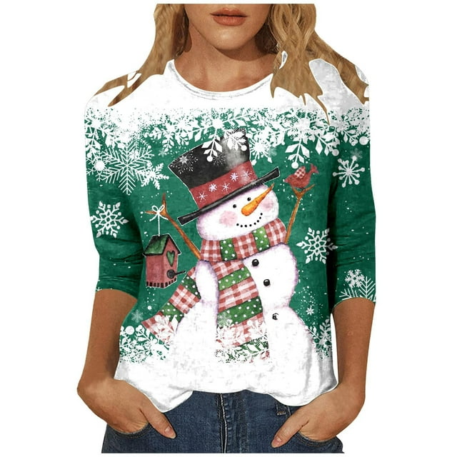 WEAIXIMIUNG T-Shirt de Noël Imprimé Col Rond Manches 3/4 Décontracté pour Femmes Saint-Valentin