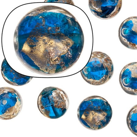 Art Glass Focal Bead - Glass Beads, Blue With Gold And Silver-Colored Foil Finished With Golden Glitter, 12mm Round Sold per pkg of 15 pcs/String