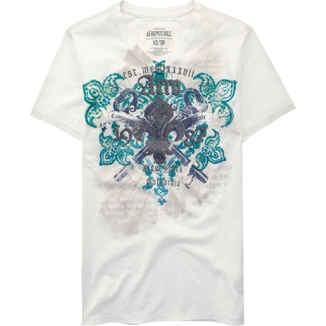Playera bordada Aeropostale Mens Aero 1987 gráfica blanca grande