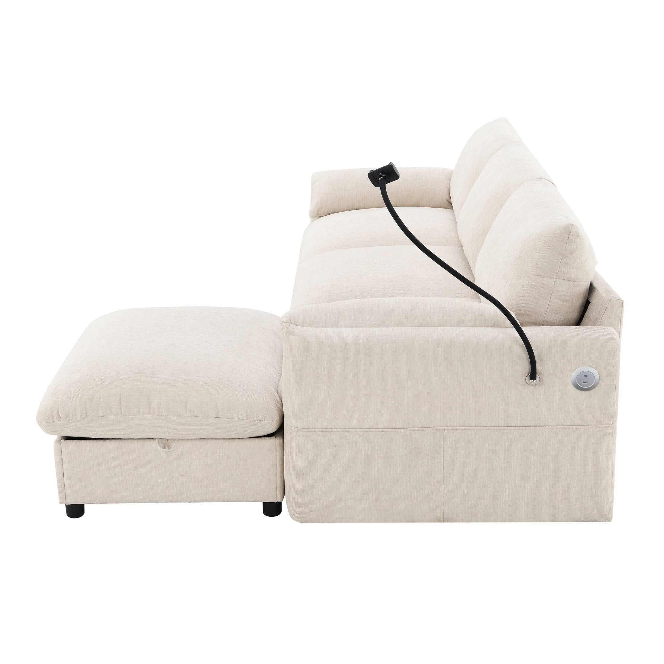 Noble House 96.5" Chenille L-Shaped Sectional Sofa with Storage Ottoman, Charging Ports, and Phone Holder, Beige