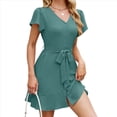 thumbnail image 1 of Vestido Camisero Informal de Verano para Mujer, con Botones y Cuello en V, Mangas Abullonadas Verde Oscuro S, 1 of 10