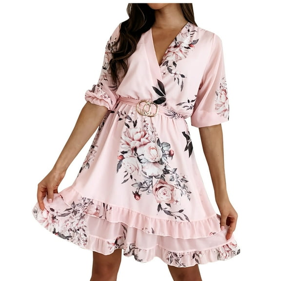 Lilgiuy Women's Casual Summer Slim Printing Long Sleeve V Neck Ruffled Hem Dress Short Skirt Pink,12 2022 Fall Winter