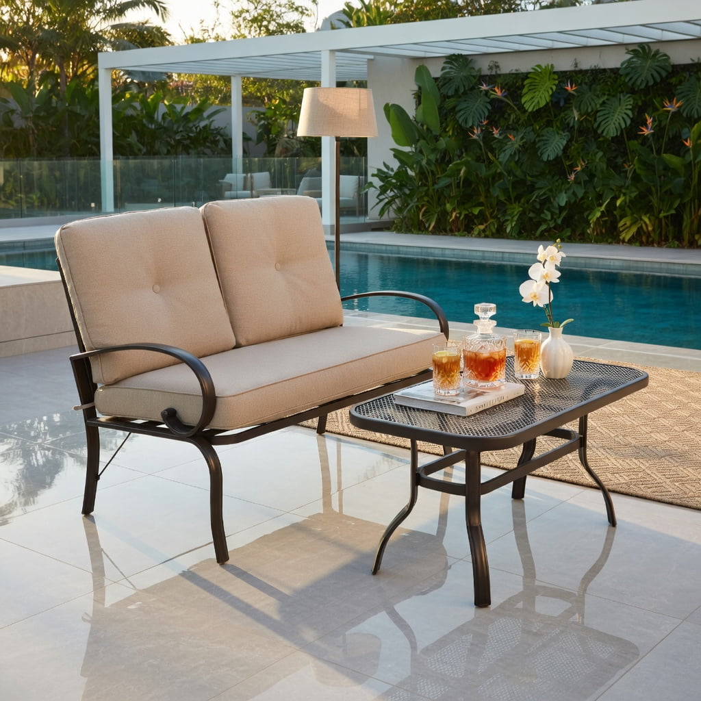 Hommoo 2-Piece Outdoor Patio Furniture Set, Cushioned Loveseat & Coffee Table with 4" Thick Cushions, Steel Frame, Easy-Clean Olefin Fabric, Beige