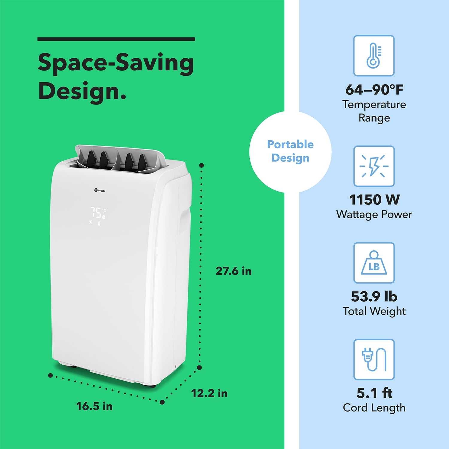 Vremi 10000 BTU Portable Air Conditioner - Easy to Move AC Unit for Rooms up to 250 Sq Ft - with Powerful Cooling Fan, Reusable Filter, Auto Shut Off (6250 BTU New DOE)