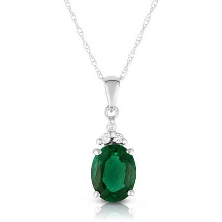 Created Emerald and Diamond 10kt White Gold Pendant, 18