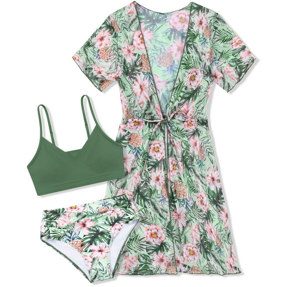 Ochine Girls Swimsuit 3 Piece Tropical Print Bikini Set with Cover-Up Quick-Dry Swimwear for Girls 9-16 Years