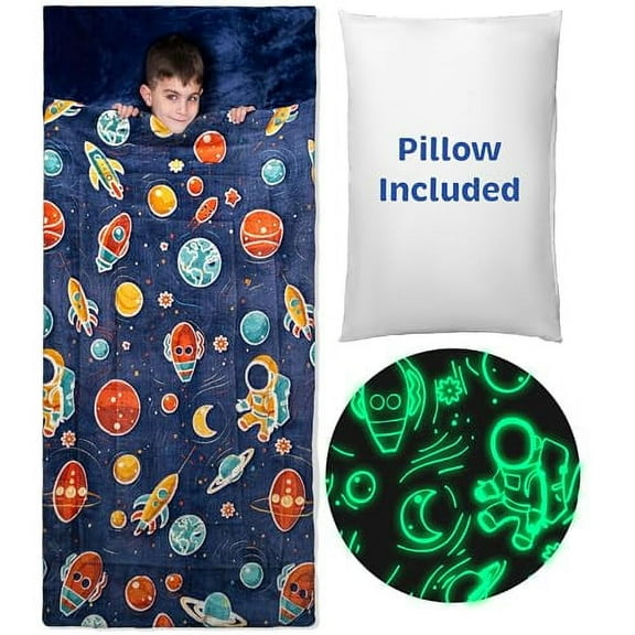 Kids Glow-in-the-Dark Space Sleeping Bag with Pillow, Extra Soft Sleep Bag for Boys & Toddlers, Planets & Stars Design, Pillow Pocket, Ages 3  (66'' x 33")