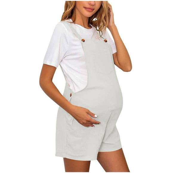 Women's Maternity Overalls Shorts Pregnancy Casual Sleeveless Jumpsuits Romper with Pocket White M