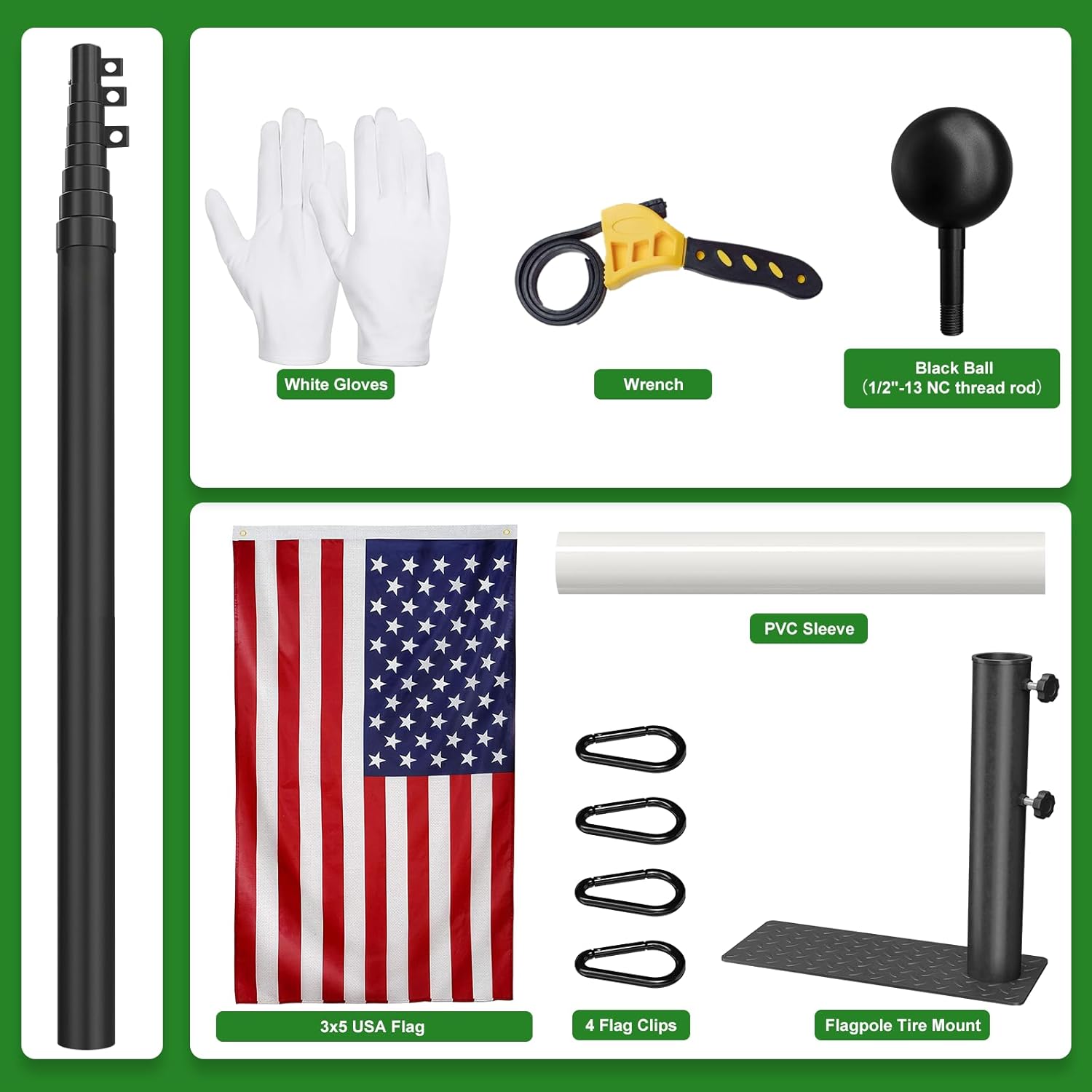RV Telescoping Flag Pole Kit, 20 FT Heavy Duty Tailgate Flag Pole and Tire Mount Base Kit, Portable Flag Pole for Camping, Outdoor Tailgating, Party, Trailer