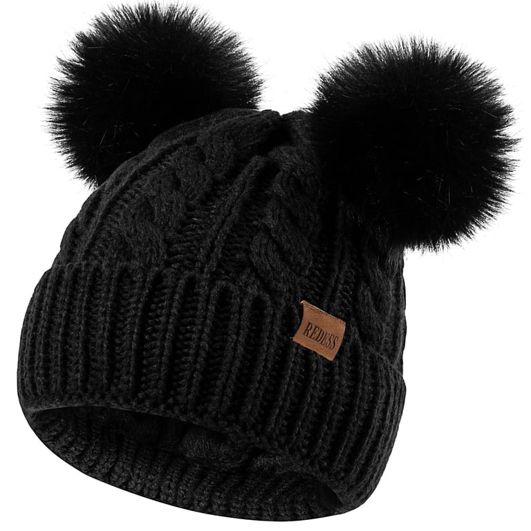 REDESS Women's Winter Beanie with Double Pom-Poms, Black photo 1