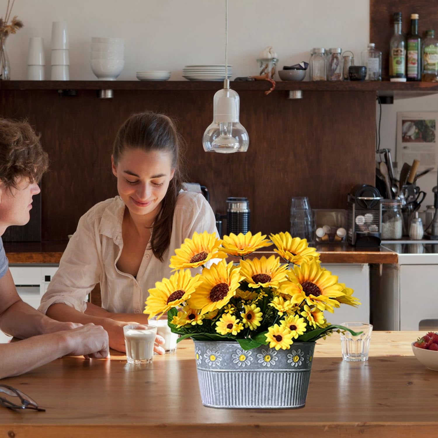 Fake Sunflowers in Pot, Faux Silk Flowers Floral Table Centerpiece tion, Rustic Potted Greenery for Farmhouse Home Décor