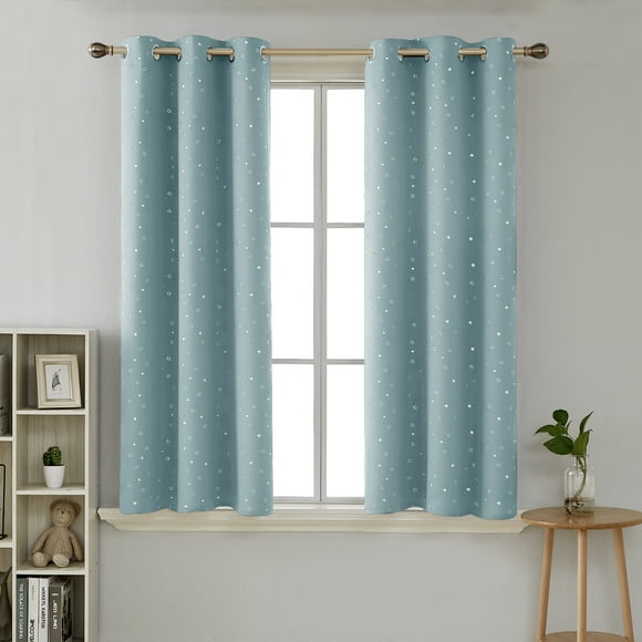 Deconovo Blue Blackout Curtains with Pattern Star Curtains Silver Foil Printed Top Grommet Window Curtains for Kids Bedroom Sky Blue 42x63 Inch 2 Panels