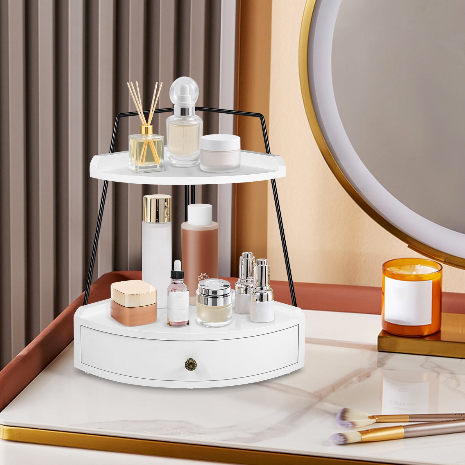 2 Tier Bathroom Counter Organizer, Wood Bathroom Organizer Countertop with Drawer, Corner Storage Shelf for Cosmetic Vanity Tray, Kitchen Spice Rack, Kitchen Organizer and Storage