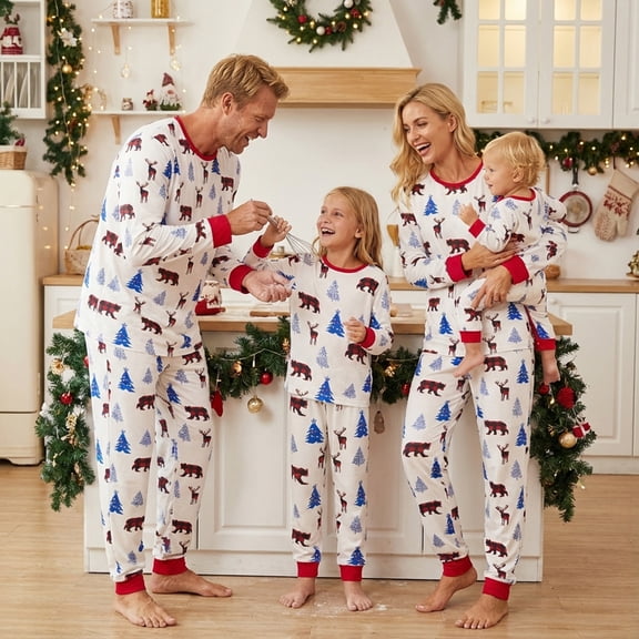 Matching Christmas Pajamas for Family Bear Reindeer Tree Print Sleepwear Outfits with Dog
