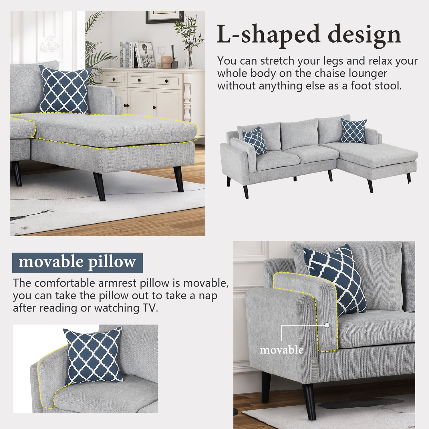 Kadyn Upholstered L-Shape Sofa Couch, 3-Seater Couch with Chaise and 2 Pillows, Modern Linen Sofa for Living Room,Apartment, Light Gray